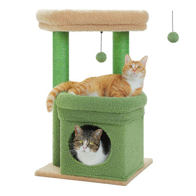Cat Tree Cactus Cat Tower for Indoor Cats with Private Cozy Cat Condo, Natural Sisal Scratching Posts and Plush Pom-pom for Small Cats Green