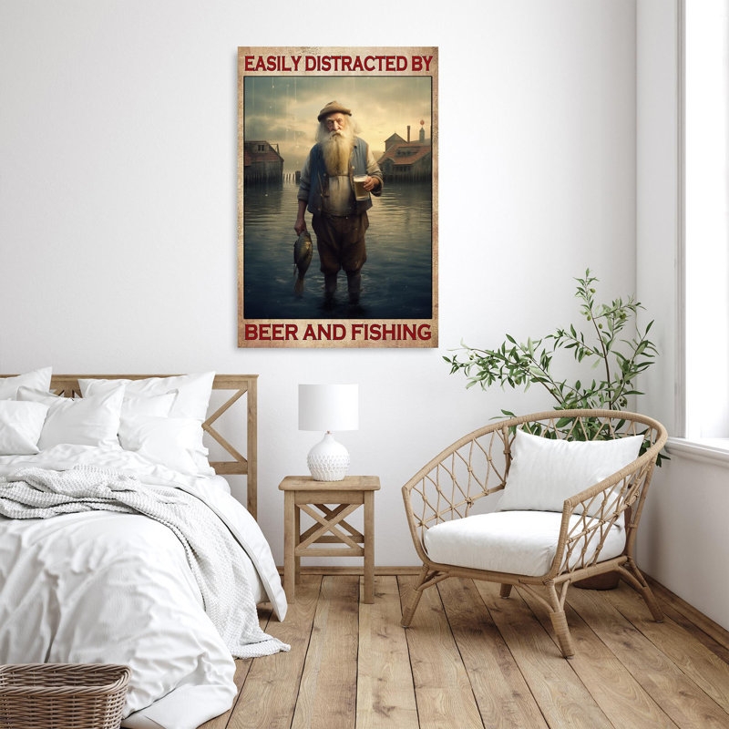 «Easily Distract By Beer And Fishing», reproduction d'art graphique sur toile tendue 1 pièce, H 36 po x l 24 po x P 1,25 po
