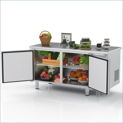 Réfrigérateur commercial de 71 po de largeur avec plan de travail sous le comptoir, congélateur pour plan de travail, réfrigérateur à 2 portes en acier inoxydable, 15 pieds cubes pour restaurant, bar, magasin