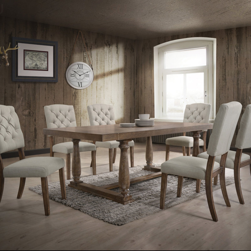 Ensemble de salle à manger Bernard de 7 pièces avec base à tréteaux classique et chaises capitonnées pour des repas élégants, ensemble de table de salle à manger Bernard