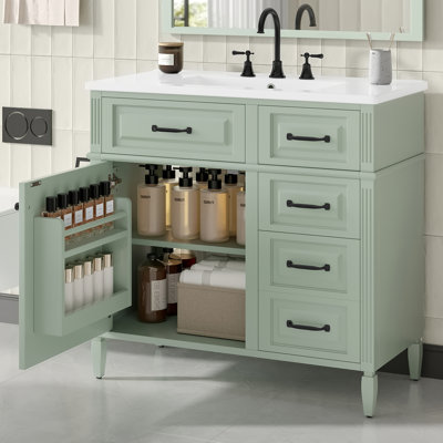 Roomfitters 36" Bathroom Vanity with Sink, Solid Wood Legs, 4 Drawers & Soft-Close Door with Storage Rack, Green
