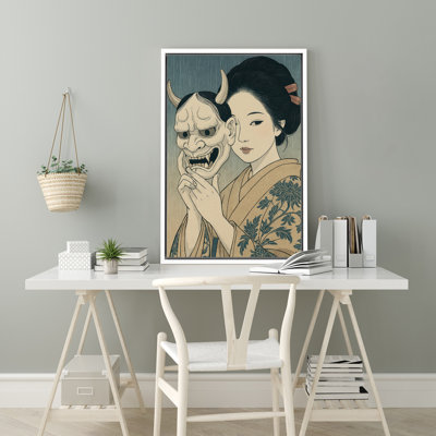 «Woman with Demon Mask in Beige Kimono Art», reproduction d'art sur toile encadrée