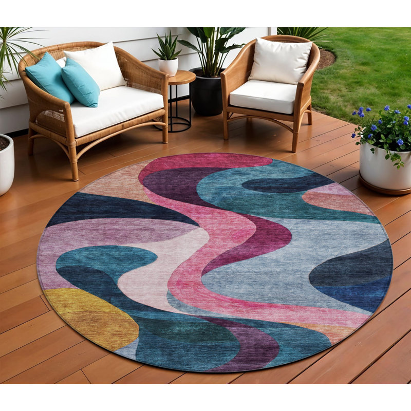 Tapis extérieur rond lavable abstrait 8 pi vert rose et bleu sarcelle