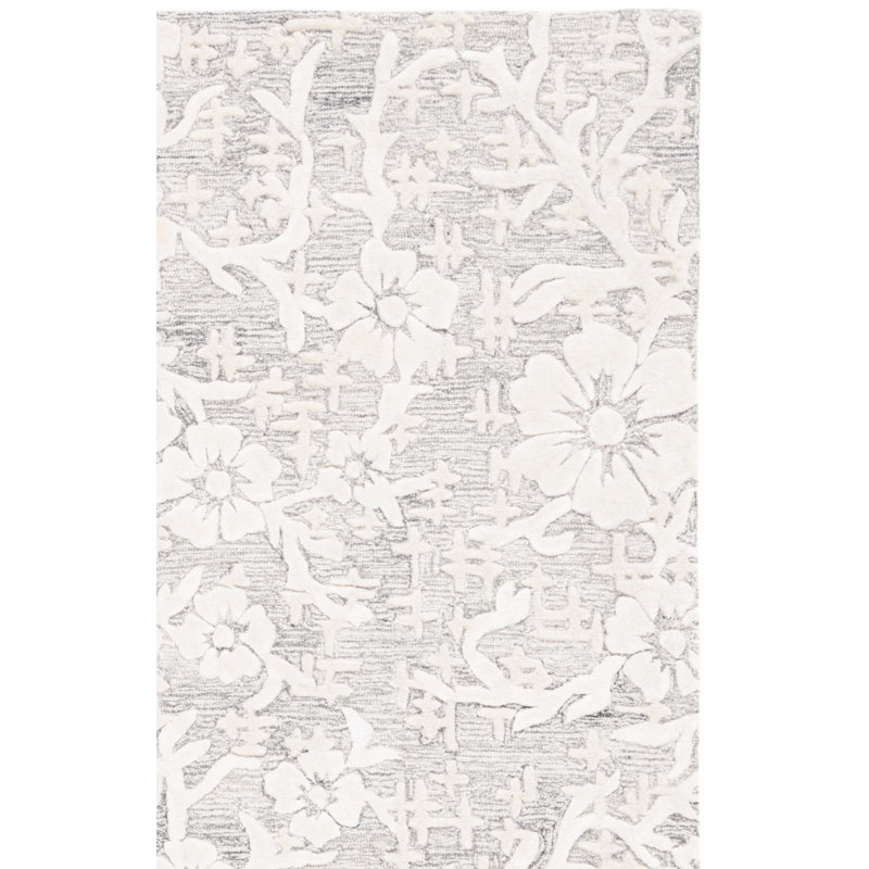 Sirish Hand Tufted Wool/Viscose/Cotton Floral Rug in Ivory/Gray, Rectangle 3' x 5'