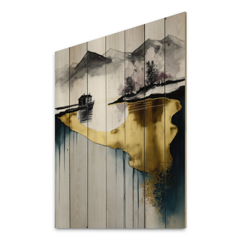 Elois doré et bleu Lakehouse II sur bois, H 32 po x l 24 po x P 0,78 po