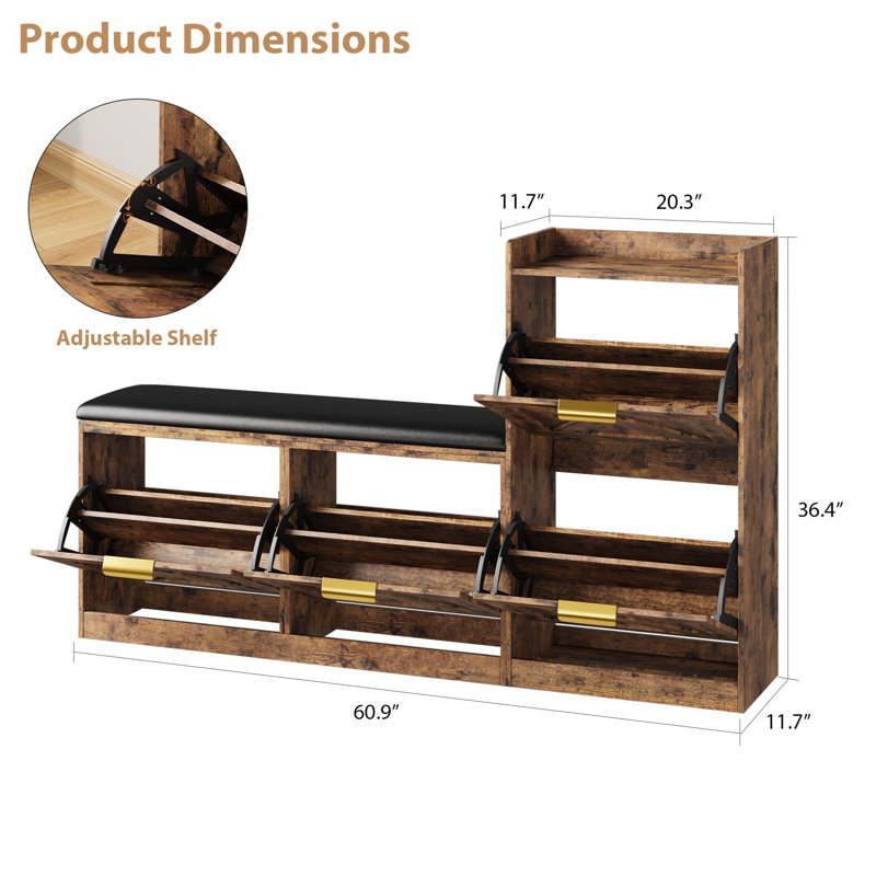 Shoe Cabinet with Bench, 4 Flip Drawers, Adjustable Left/Right Cushioned Seat & Removable Shelves, Brown