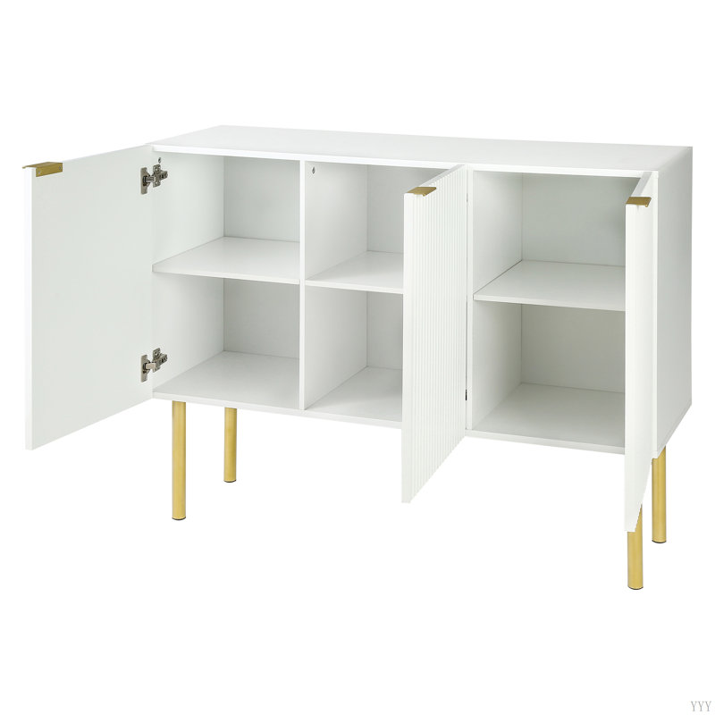 Geovanna Modern Luxury Sideboard Cabinet  Particle Board & MDF with Gold Metal Legs, Adjustable Shelves, White