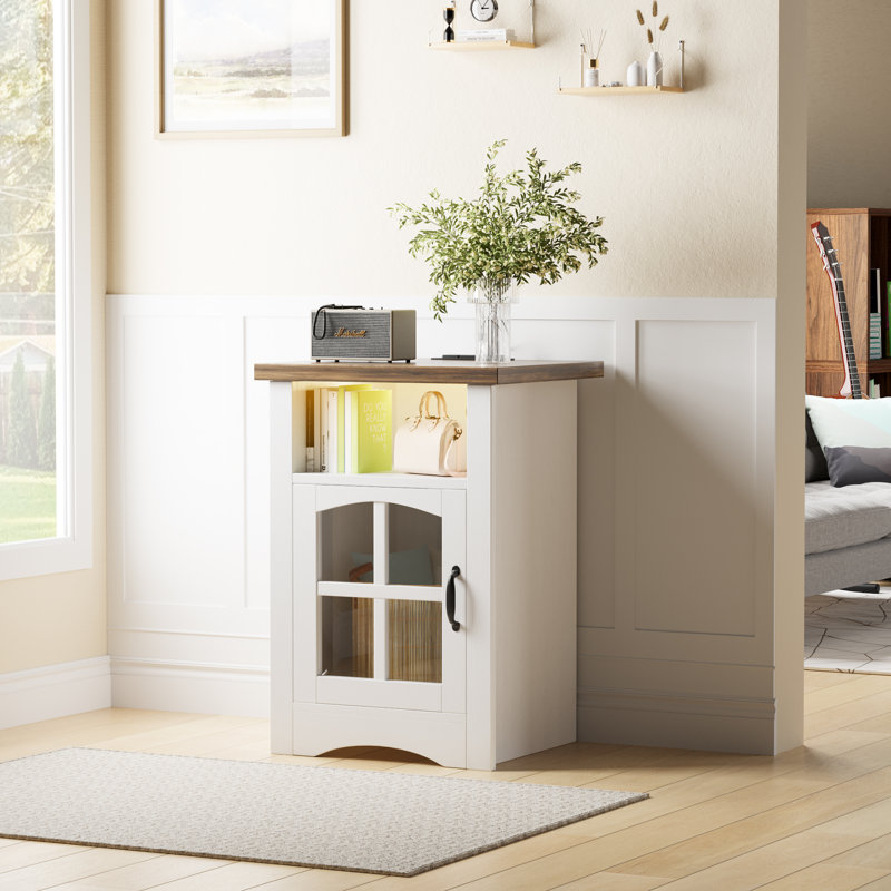 Farmhouse Led Lighted End Table,storage Nightstand With Charging Station And Glass Door, Walnut Top/White Base, 1