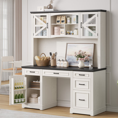 72" Farmhouse Executive Desk With Hutch, Computer Workstation With Charging Station & 5 Drawers Storage Cabinet For Home Office,