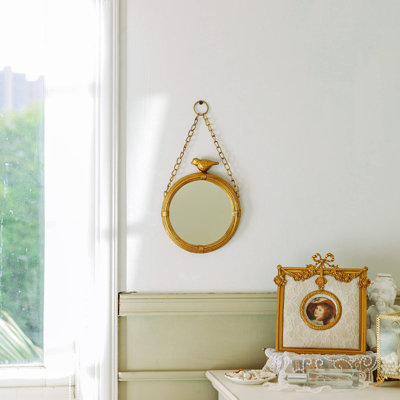 6.7 Inch Decorative Small Hanging Mirrors Vintage Round Metal Framed Wall Mounted Mirror Decor With Bird For Bathroom Living Room Office, Rustic Gold