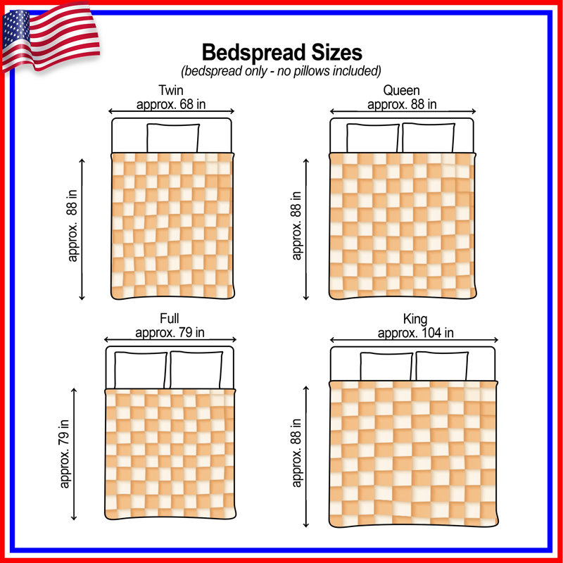 Orange White Checkered Quilted Bedspread All Sizes, Twin