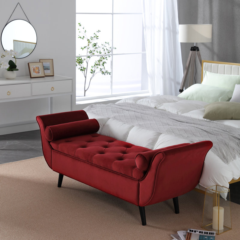 Banc de rangement rembourré en velours rouge avec accoudoirs, banc de lit à charnière