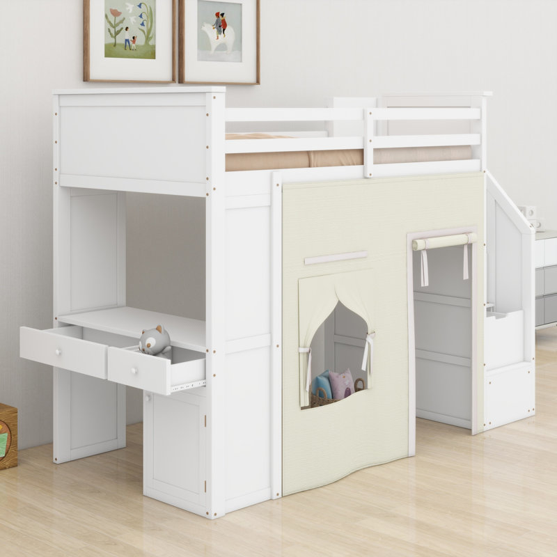 Lit mezzanine en bois avec bureau intégré, escalier de rangement, deux tiroirs et rideau d'intimité