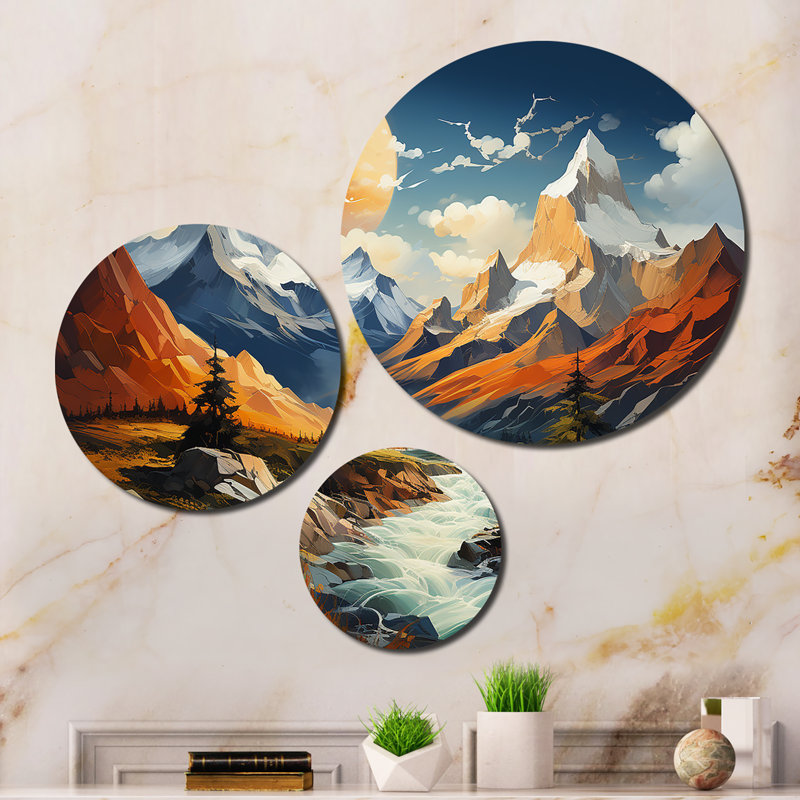 Montagnes jaunes et bleu sarcelle, majestueux pics II, ensemble d'art mural en métal paysages
