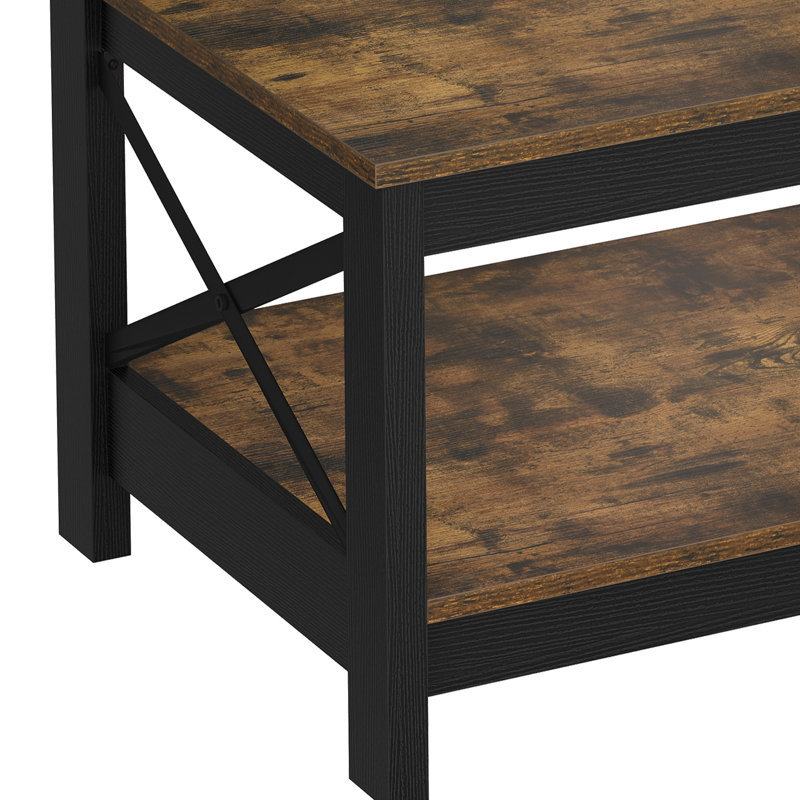 39.3"W Rectangle Simple Coffee Table with Bottom Shelf, X-Framed Support, Brown, Black