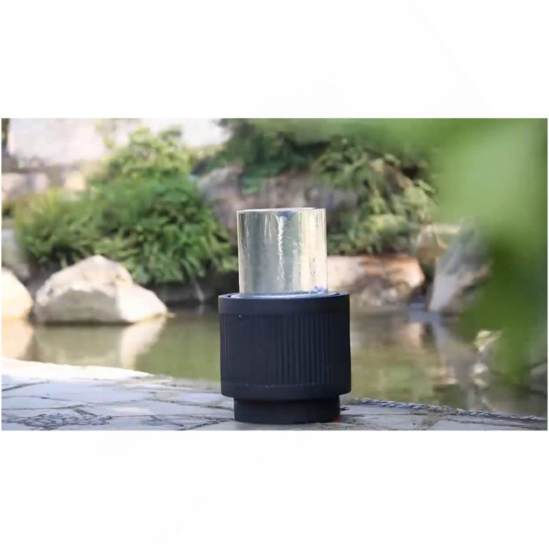 20X20x19.5" Heavy Cement Round Black Ribbed Outdoor Water Fountain With Light (Color Change)