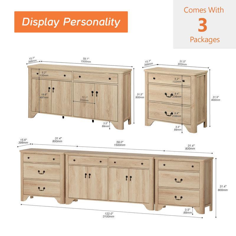 Haikey 3PCS Farmhouse 122"W Large Sideboard Cabinet, 59" Sideboard with 4 Doors and 2 Drawers & 3-Drawer Storage Cabinets Set of 2 for Dining Room, Living Room, Kitchen, and Bedroom