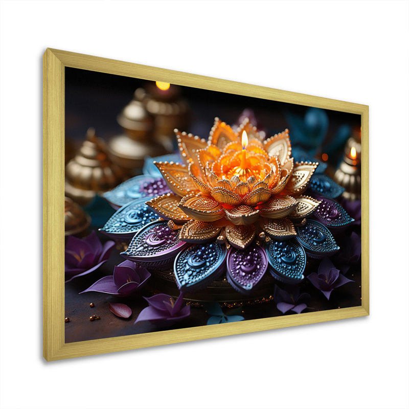 Hinduisim Vibrant Mandala - Print on Canvas, 16" H x 32" W x 1" D, Gold Single Picture Framed