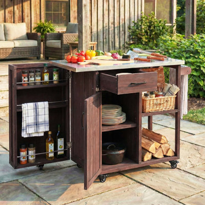 Fir Wood Outdoor Grill Prep Station And Kitchen Island, Lockable Patio Cart With Stainless Steel Top, Generous Storage Space With Towel And Spice Racks, Dark Brown