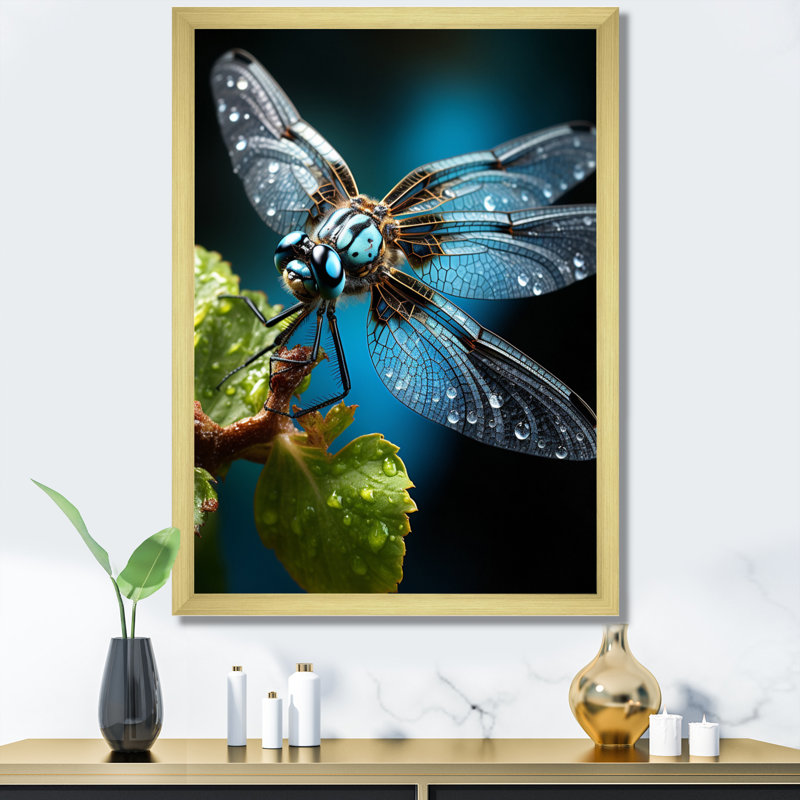 «Teal Dragonfly Insectes Flight», reproduction d'art sur toile, H 20 po x l 12 po x P 1 po, Encadrement doré