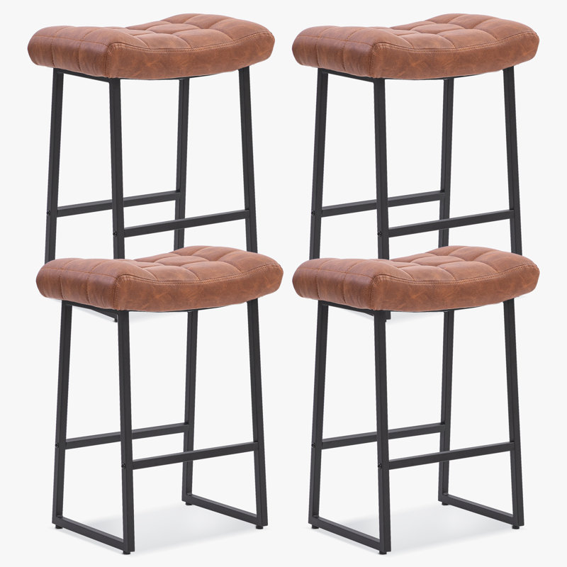 Faux Leather Wide Cushion Bar Stool, Brown Seat/Black Frame