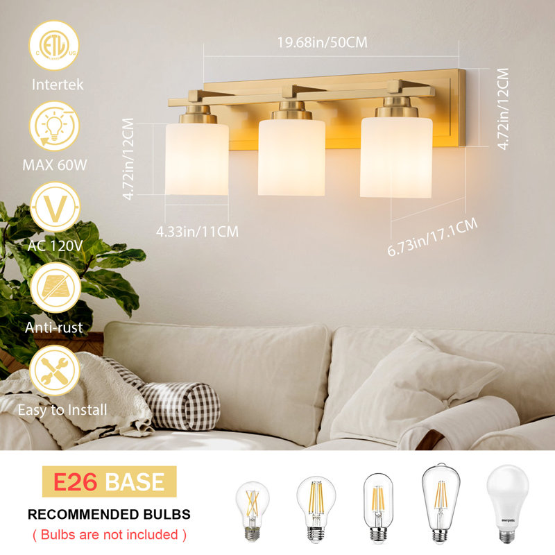 Luminaire de salle de bain moderne 3 lumières au-dessus du miroir, lumières de meuble-lavabo en laiton, abat-jour en verre blanc laiteux, douille E26 (ampoules non incluses)