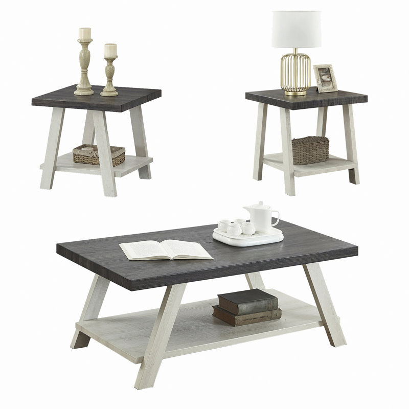 Ensemble de table basse contemporaine en bois, table avec tablette, Gris anthracite patiné, Beige