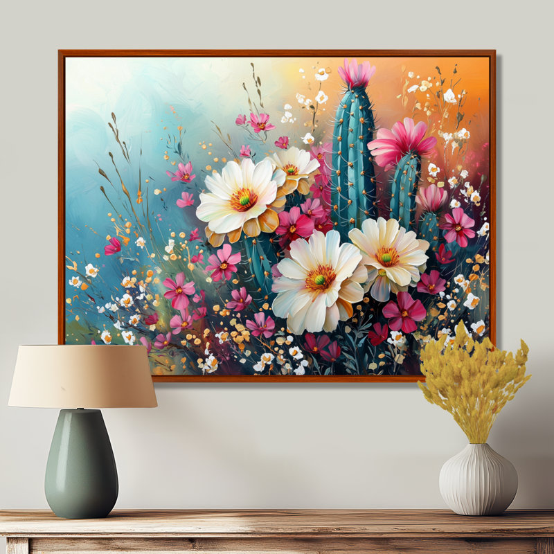 Cactus jaune et rose - Cactus, H 34 po x l 44 po, Cadre flottant, Brun