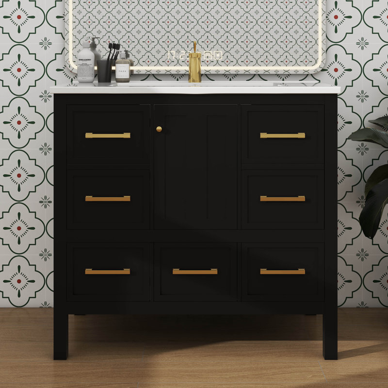 Armoire de meuble-lavabo autoportante en bois massif 36 po avec 5 tiroirs 36 po, Black