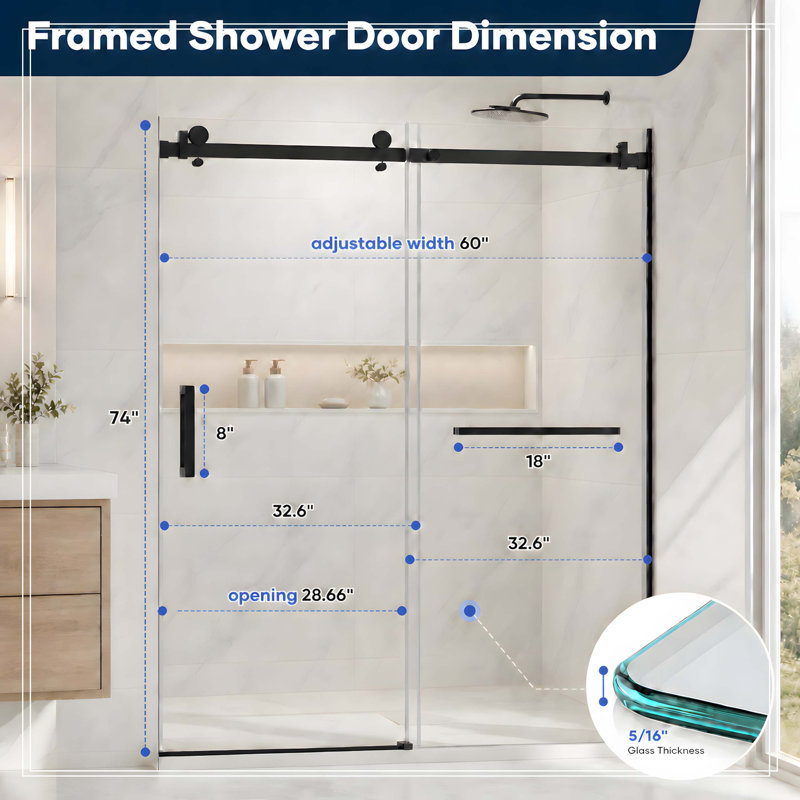 Porte de douche coulissante simple sans cadre l 60 po x H 74 po avec verre trempé transparent de 8 mm noir mat, Noir mat