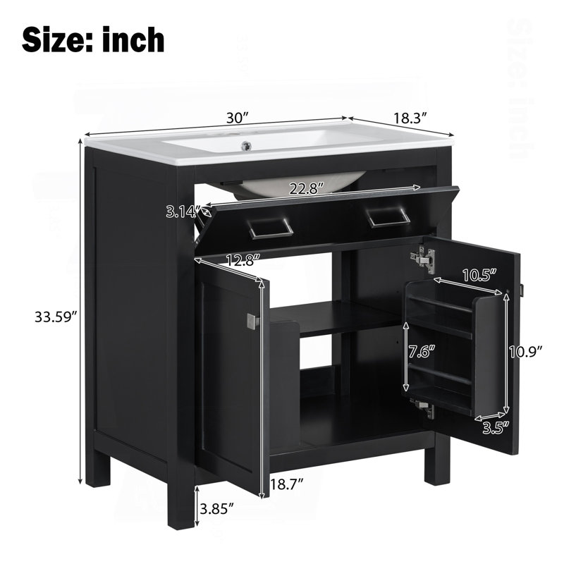 Ensemble de meuble-lavabo moderne 60 po noir avec lavabos doubles (séparés), lavabos doubles en céramique, tablette réglable, portes à fermeture en douceur et tiroir rabattable - Solution de salle de bain moderne pour salles de bain spacieuses
