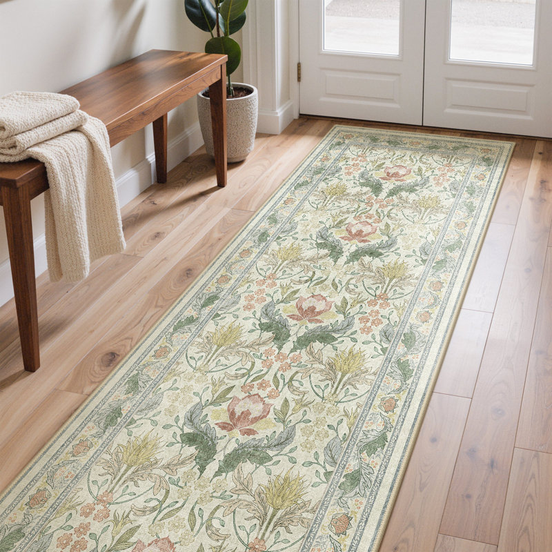 Bloom Floral Green/Beige Non-Slip Machine-Washable Area Rug, Beige/Green, Runner 2'6" x 8'