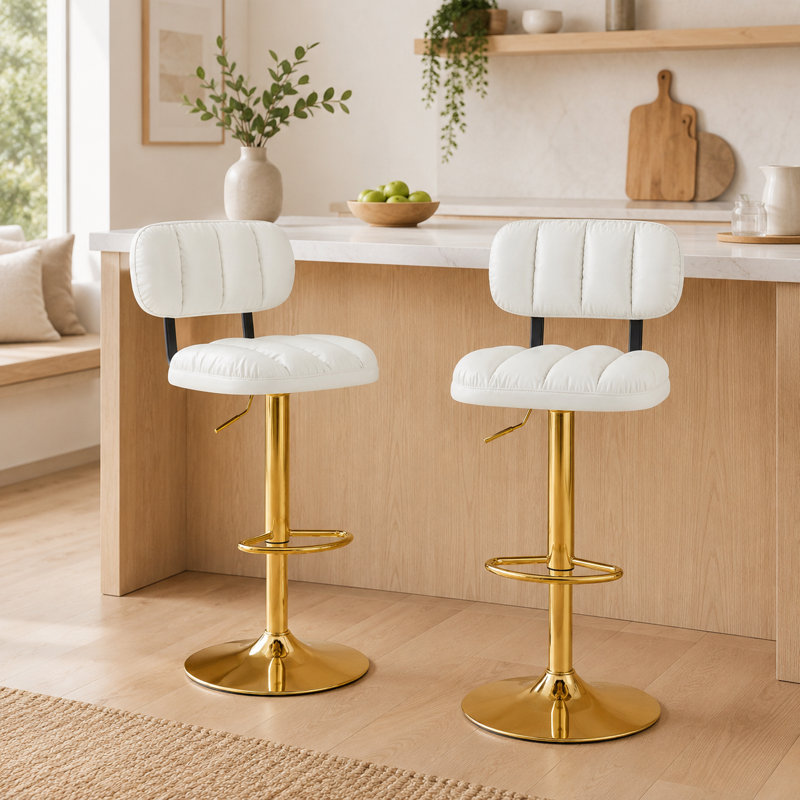 Tabouret de comptoir pivotant rembourré Vesta, Or, Blanc