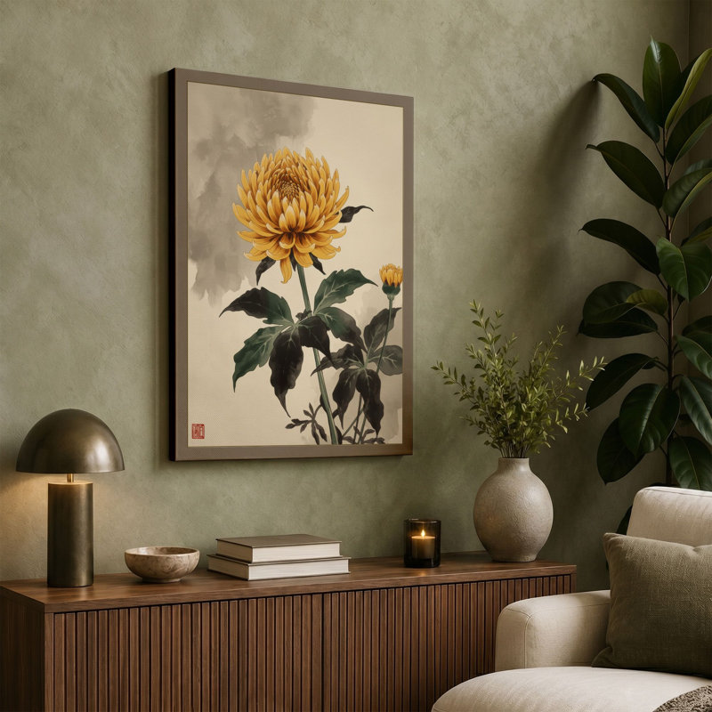 Golden Chrysanthemum Japandi - Wrapped Canvas, 36x24 - 91.4 x 61.0 cm, Teal Border