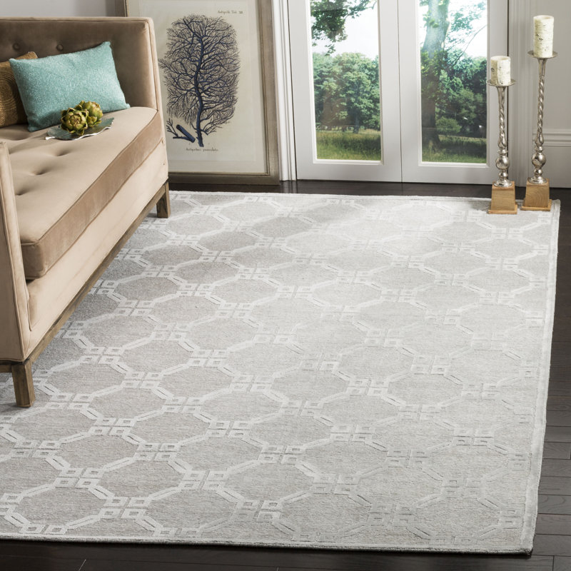 Tibetan Geometric Hand-Knotted Silver Area Rug, Rectangle 8' x 10'