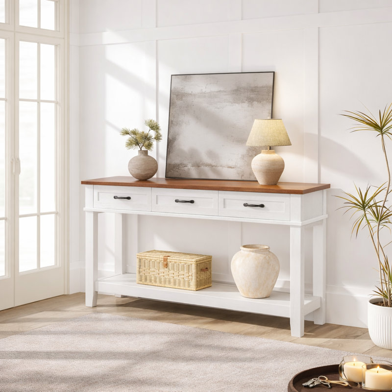 Console avec 3 tiroirs de rangement pour le hall d'entrée et le salon, Blanc, Bois brun