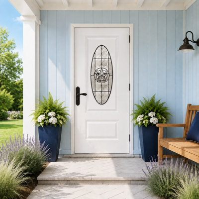 36" x 80" Fiberglass Front Entry Door with Oval Decorative Glass, 4-9/16" White PVC Frame and Brickmould, Knock-Down, Right-Hand Inswing, White