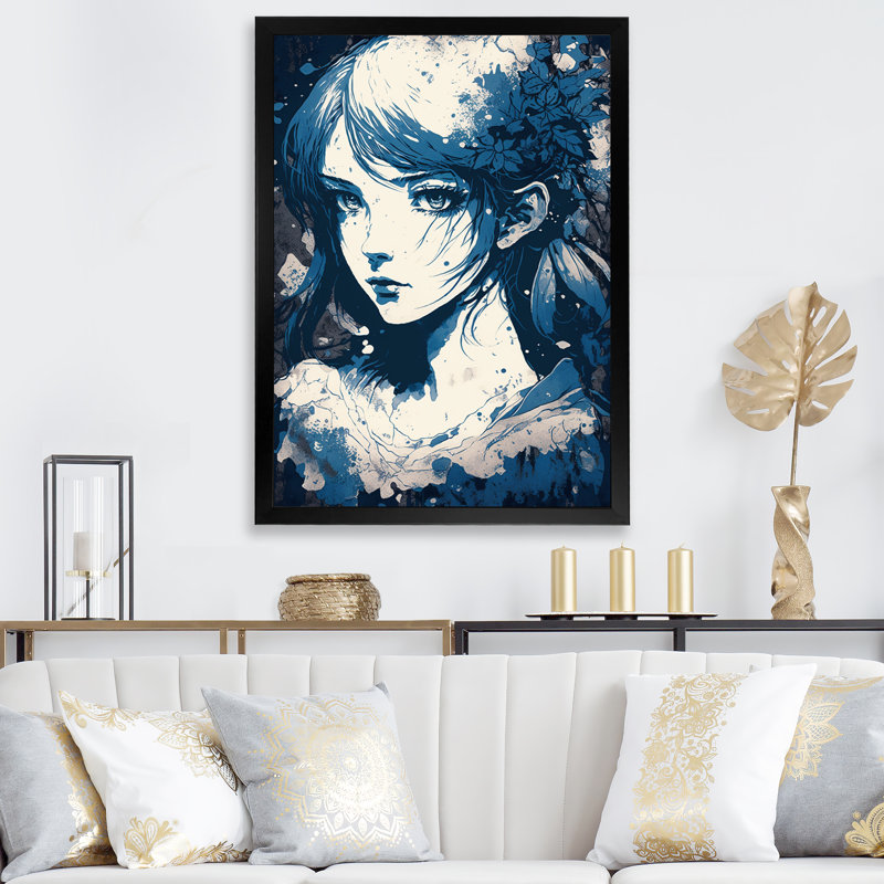 Chayla, dessin animé rétro en bleu rétro sur toile, Cadre photo noir, H 20 po x l 12 po x P 1 po