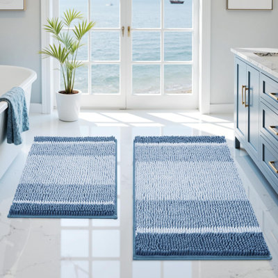 Ensemble de tapis de salle de bain bleus, 2 tapis de bain en chenille épais et moelleux à rayures, antidérapants, tapis de bain à poils longs doux pour décor de salle de bain bleu, 20 po x 32 po plus 17 po x 24 po