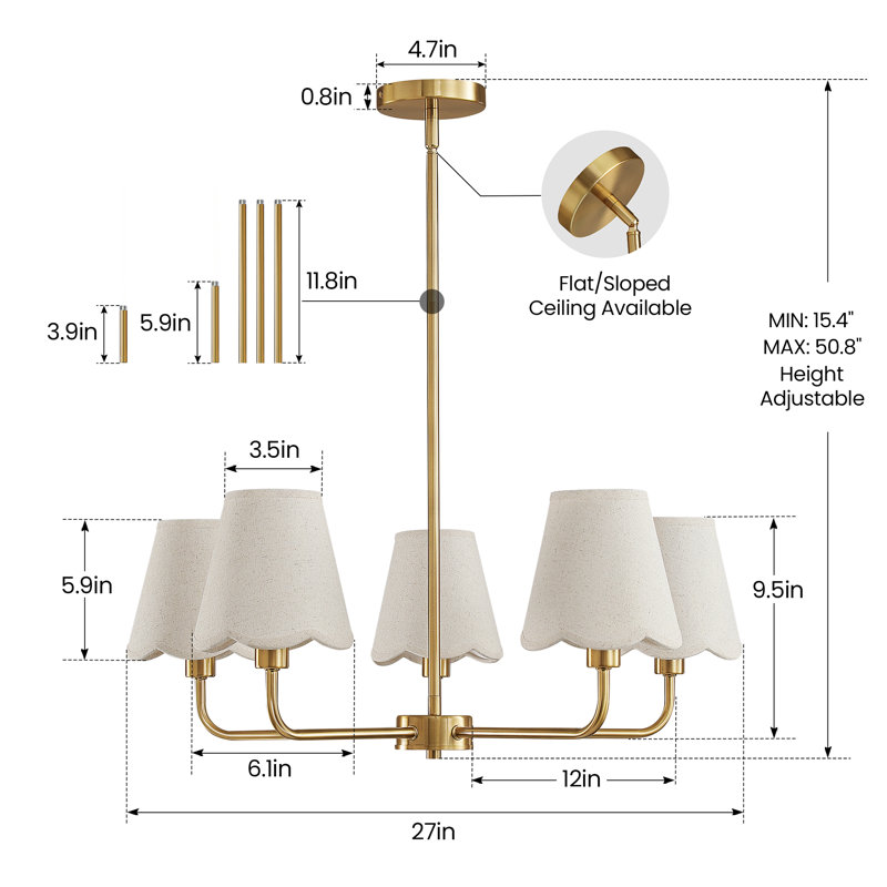 5-Light Modern Dimmable Chandelier With Fabric Shades, Brushed Gold