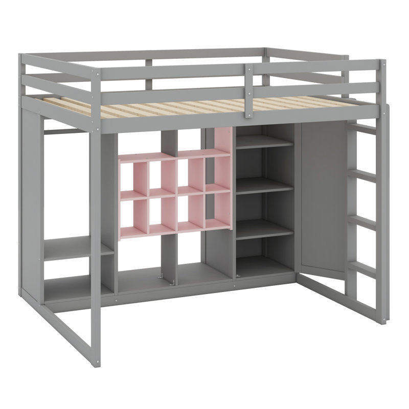 Lit mezzanine en bois avec garde-robe, tablettes et armoire, Double, Gris / Rose