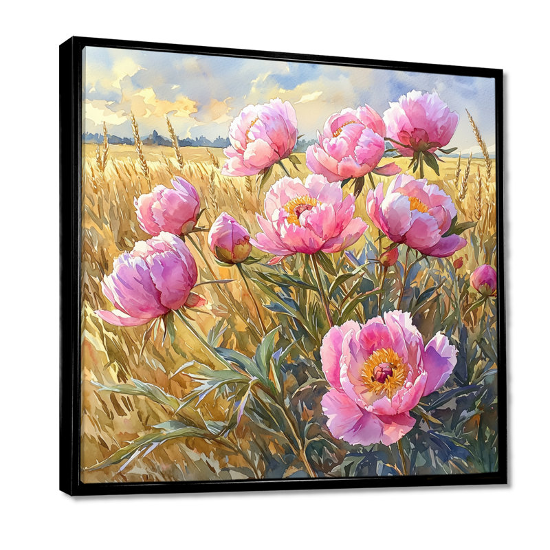 Pivoines par le champ d'or II - pivoines, art mural, Impression encadrée flottante, Noir, H 16 po x l 16 po