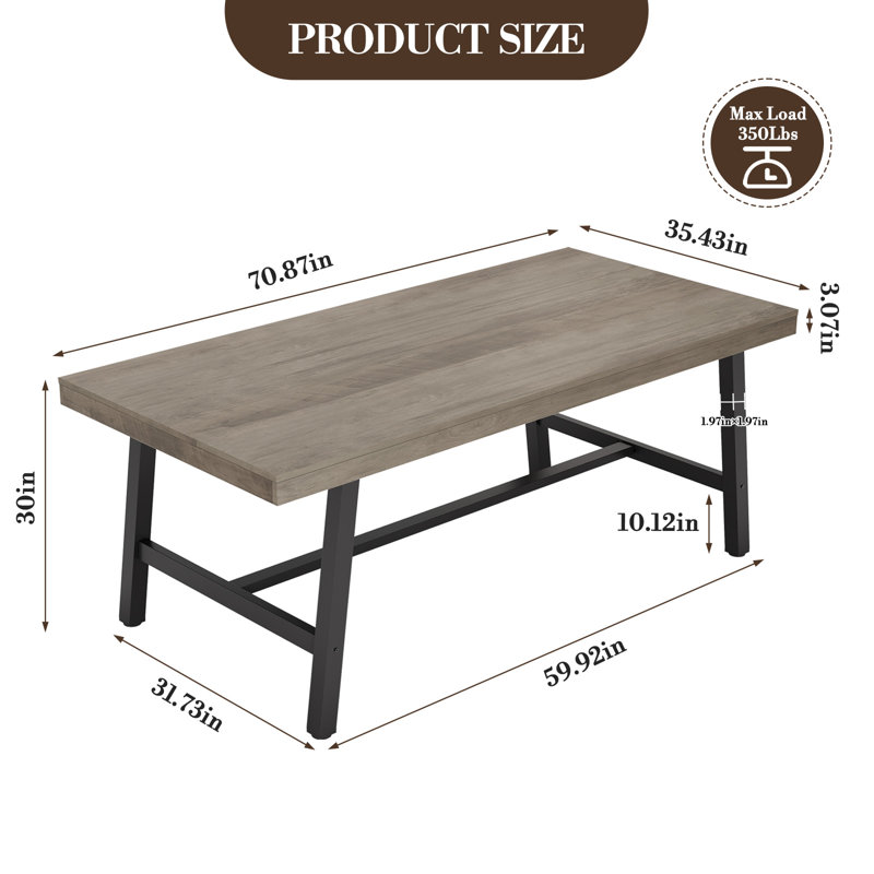 Table de salle à manger industrielle pour 6-8 - 70,87 po, pieds robustes en métal noir, plateau en bois gris rustique, meubles de cuisine et de salle à manger modernes, facile à assembler, gris