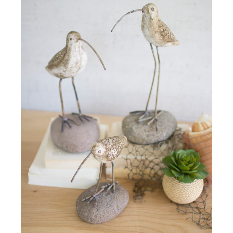  Painted Clay Shore Birds on Rock Bases – Handmade Coastal Decor, Set of Three