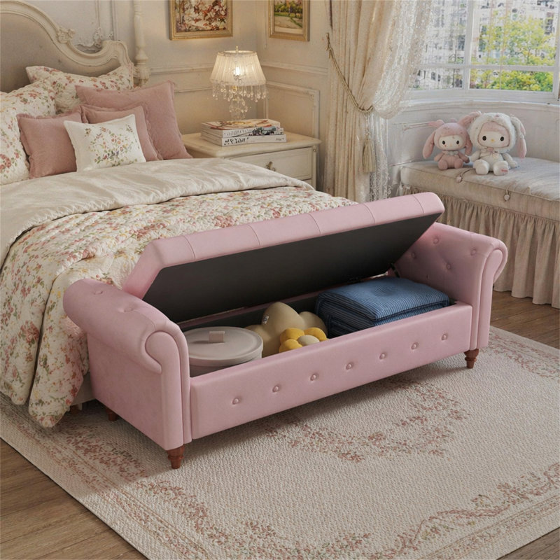 Banc de lit en velours rose, Rose