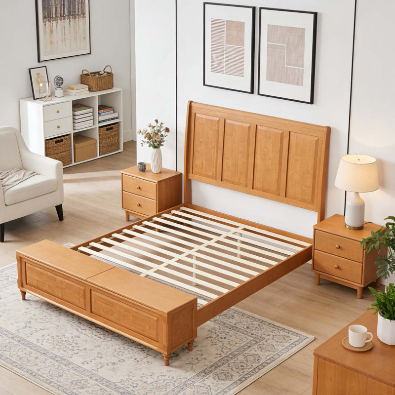 Lit plateforme robuste avec tête de lit haute et banc de rangement, aucun sommier requis, Grand lit, Naturel
