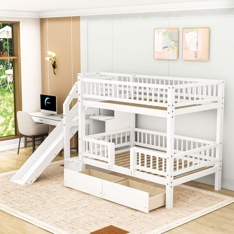 Twin Over Twin Bunk Bed With Slide And Storage Staircase, White