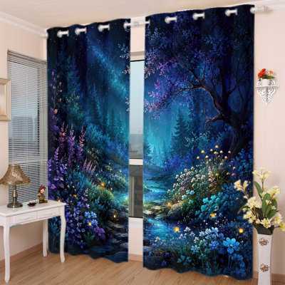 2PCS Grommet Blackout Curtains, Mysterious Forest Starry Stream Night Sky Printed Polyester Drapes, Thermal Insulated Noise Reducing Privacy Protection for Bedroom Living Dorm Home Decor