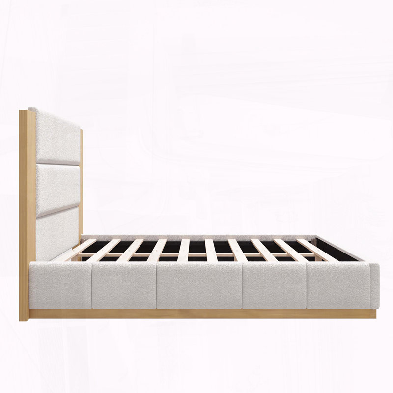 Grand lit plateforme tapissier avec tête de lit en bois allongée et base en bois, Grand lit, Blanc
