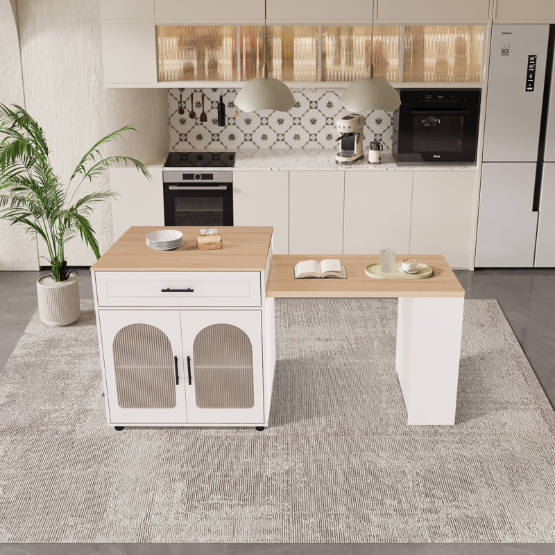 Îlot de cuisine 80,7 po avec table de salle à manger extensible (sans chaises), Blanc